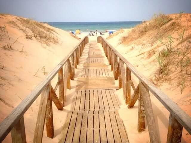 sea, horizon over water, beach, water, sand, tranquil scene, tranquility, shore, scenics, railing, beauty in nature, nature, clear sky, idyllic, sky, vacations, shadow, day, boardwalk, ocean