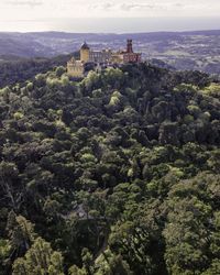 High angle view of trees and buildings against sky