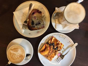 High angle view of food served on table