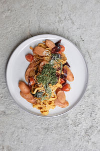 High angle view of food in plate on table