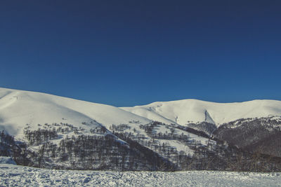 Scenic view of snowcapped mountains against clear blue sky