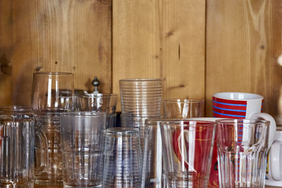 Close-up of empty glasses on table