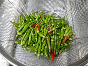 High angle view of red chili peppers