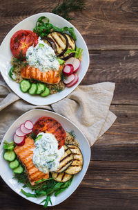 High angle view of meal served on table