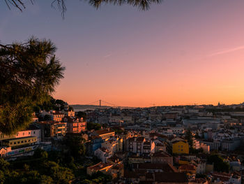 High angle view of townscape against sky at sunset