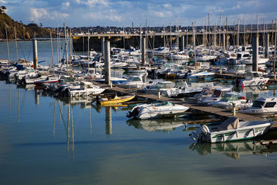 Sailboats moored on harbor against sky