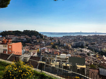 High angle view of cityscape against clear sky