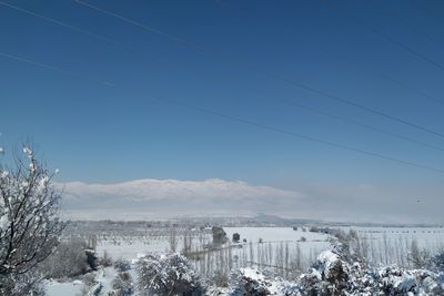 Scenic view of city against clear sky during winter