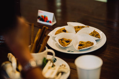 High angle view of cake in plate on table