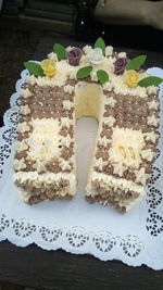 High angle view of cake in plate on table