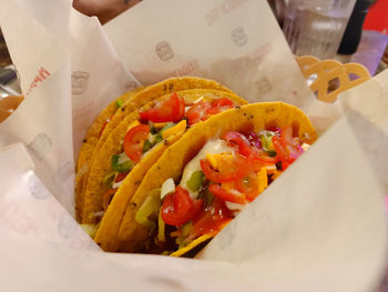 High angle view of food served on table