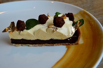 High angle view of cake in plate on table