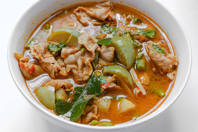 High angle view of soup in bowl on table