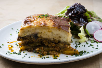 High angle view of cake in plate on table