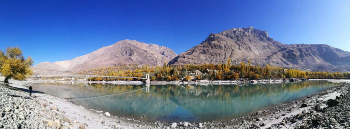 Panoramic view of lake and mountains against clear blue sky