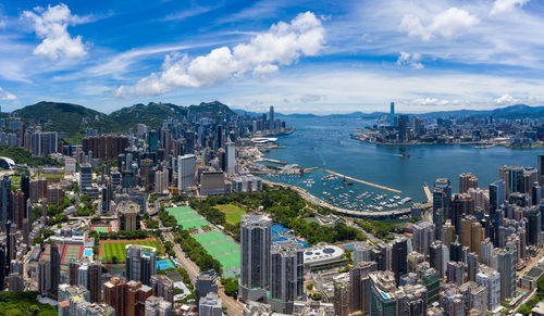 High angle view of city buildings