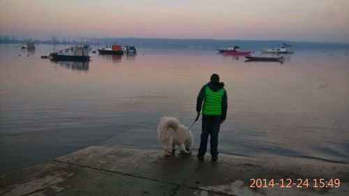 Rear view of man with dog on sea against sky during sunset