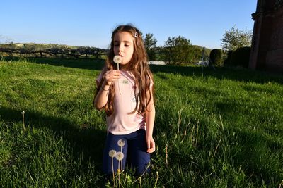 Girl holding dandelion on field