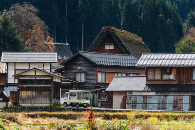 Houses by trees in forest