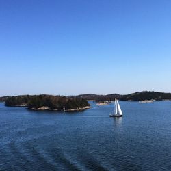 Sailboat sailing in sea against clear blue sky