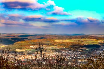 Scenic view of townscape against sky