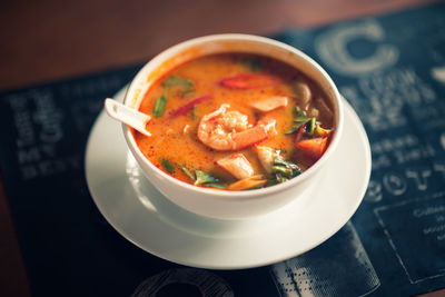 High angle view of noodles in bowl on table