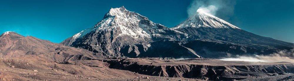 Panoramic view of snowcapped mountains against sky