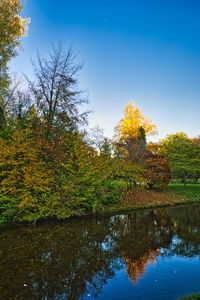 Trees by lake against sky during autumn