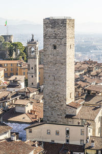 Aerial view of an old tower in bergamo