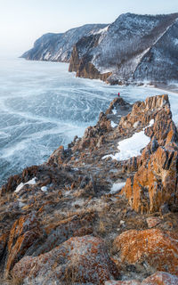 Frozen lake baikal view from on the moutain, olkhon island, russia