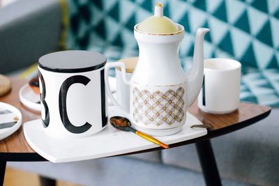 High angle view of tea set on table