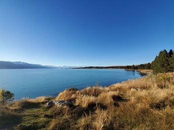 Scenic view of lake against clear blue sky