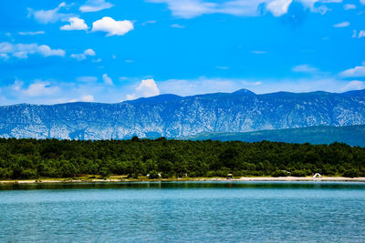 Scenic view of lake against blue sky