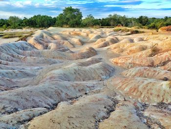 Scenic view of rocks on land against sky