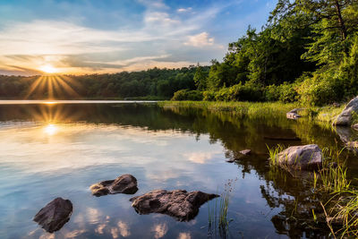 Scenic view of lake against sky during sunset in the delaware water gap
