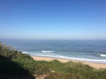 Scenic view of sea against clear blue sky