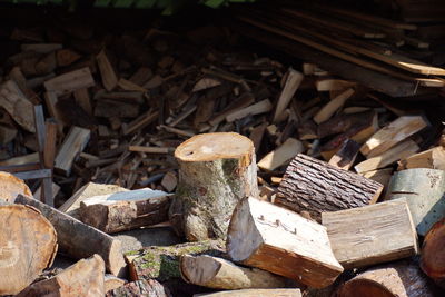 A pile of stacked firewood prepared for heating - gathering firewood for winter