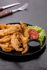 High angle view of food in plate on table