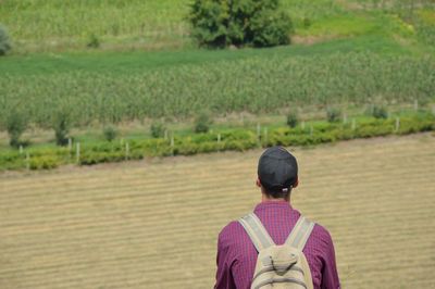 Rear view of man with backpack standing on field during sunny day