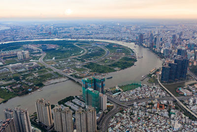 High angle view of modern buildings in city