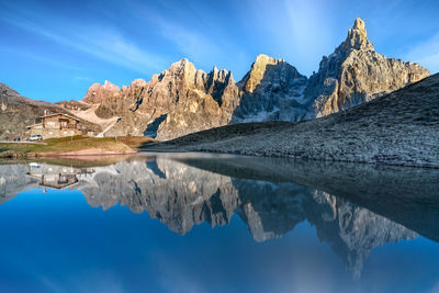 Panoramic view of lake and mountains against blue sky