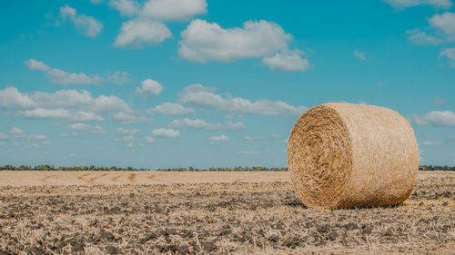 Web banner with one straw bale in field against a bright blue sky