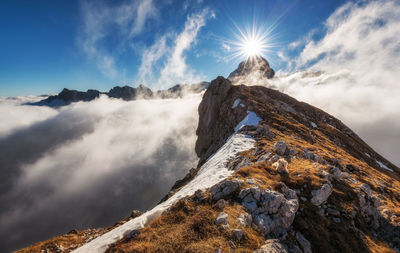 Panoramic view of snowcapped mountains against sky