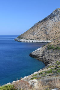 Scenic view of sea against clear blue sky