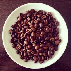 Directly above shot of coffee beans in plate on table