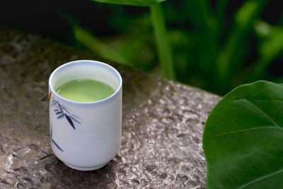 High angle view of tea cup and leaves