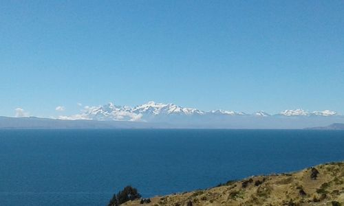 Scenic view of sea against clear blue sky