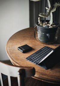 High angle view of coffee cup on table at home