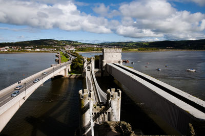 High angle view of bridge over river against sky