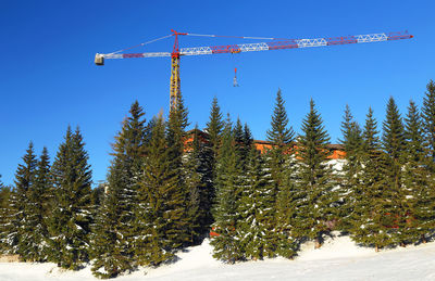 Trees and crane on snowy field against clear sky